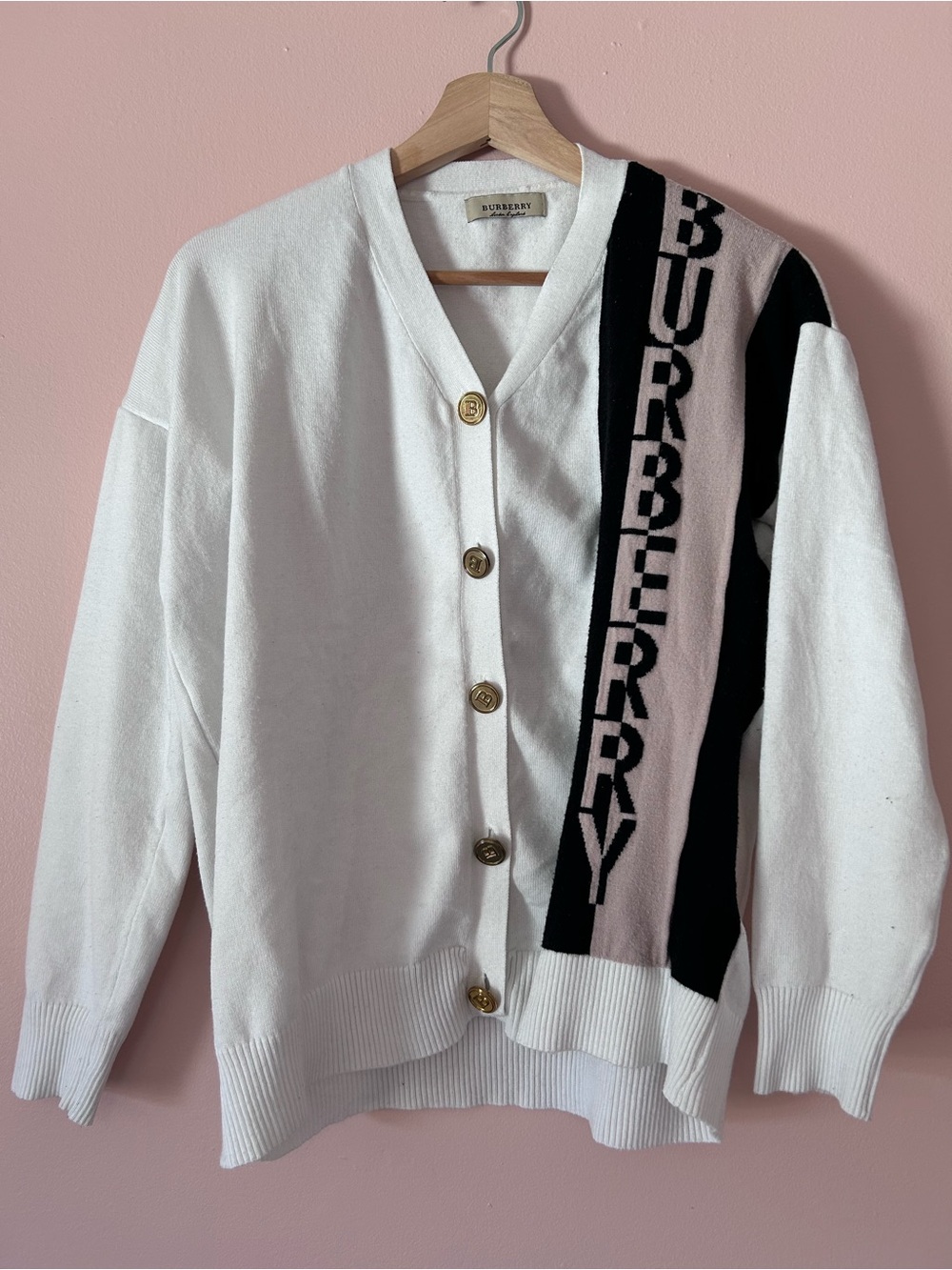 Burberry Cardigan Sweater White with Buttons and Logo Stripe
